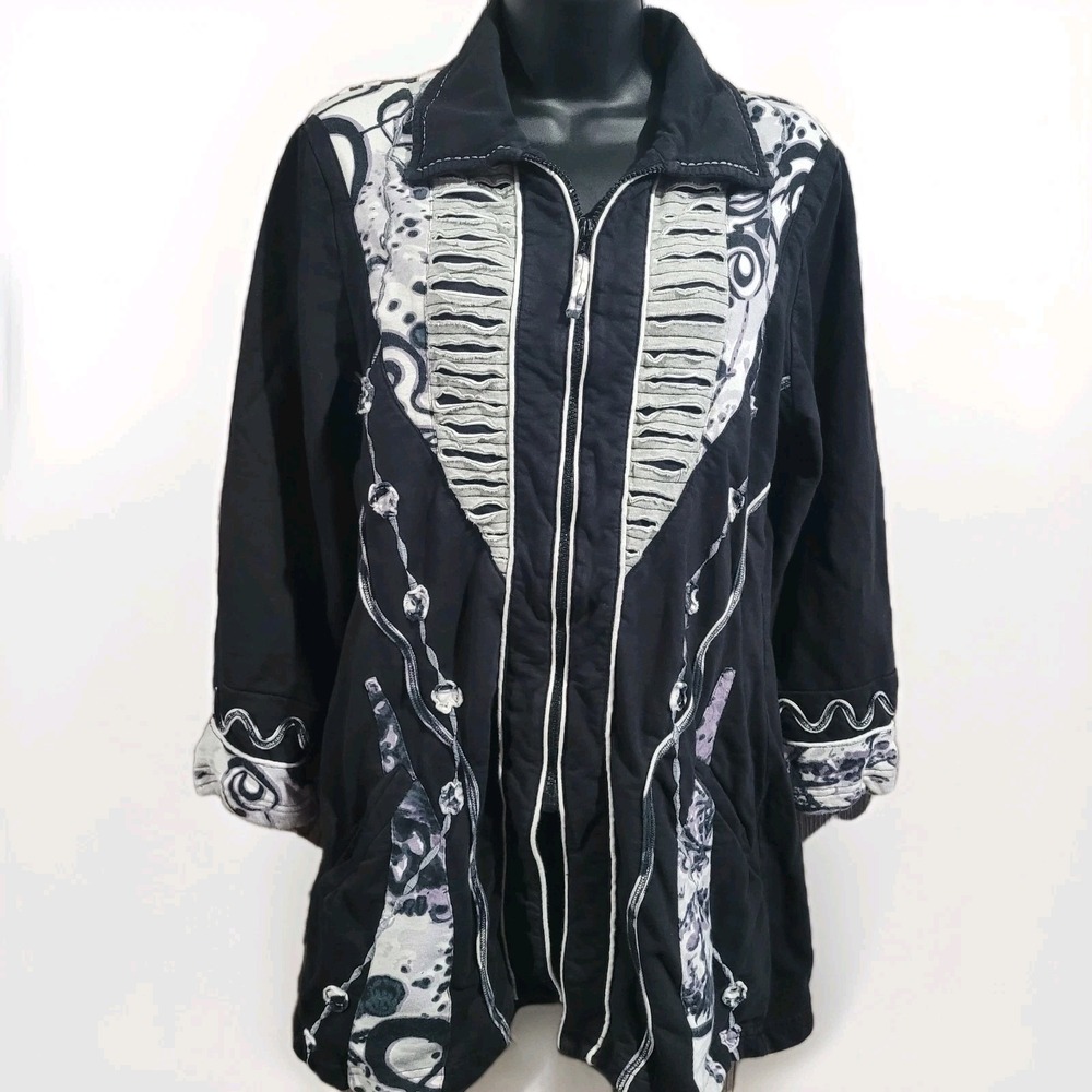 Parsley & Sage Art to Wear Tunic Jacket Size M Full Zip Applique Artsy Funky